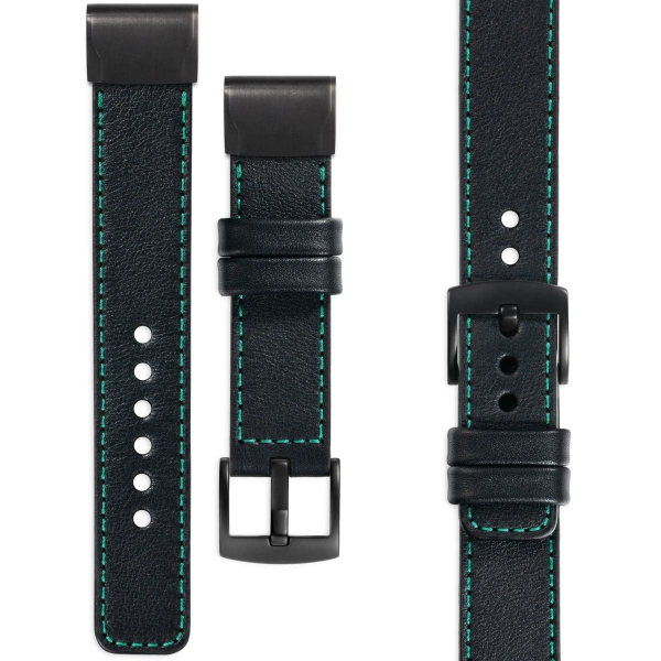 moVear Prestige C1 Skórzany pasek do Garmin QuickFit 22mm (Fenix / Forerunner / Epix / Instinct / Enduro / Quatix / MARQ - 47/45mm) | Czarny, turkusowe przeszycie [rozmiary XS-XXL i klamra do wyboru]