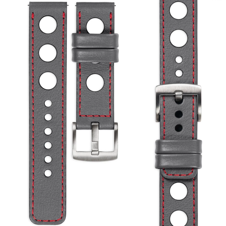 moVear Prestige R1 Skórzany pasek 20mm do Samsung Galaxy Watch 7 / 6 / 5 / 4 / 3 & Pro / FE / Classic / Active | Szary, czerwone przeszycie [rozmiary XS-XXL i klamra do wyboru]