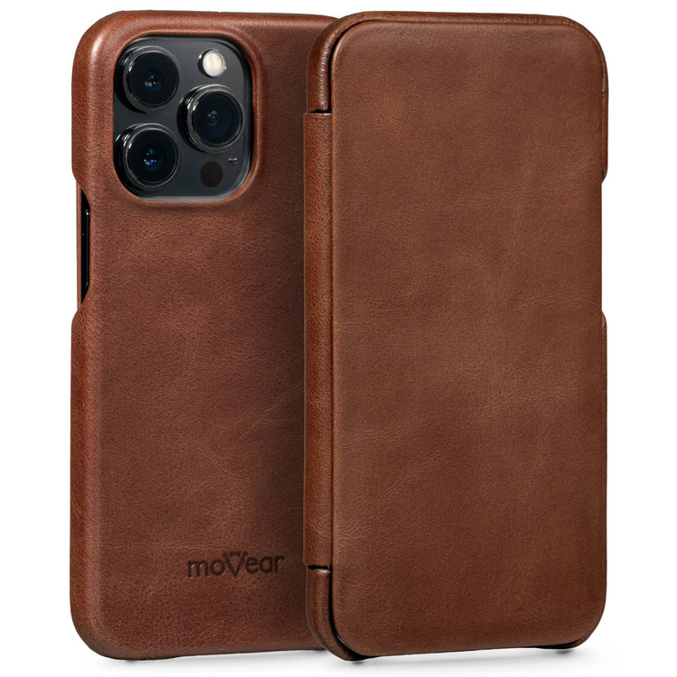 moVear flipSide S skórzane etui do Apple iPhone 13 Pro (6.1") | Skóra naturalna olejowana (Ciemnobrązowa)