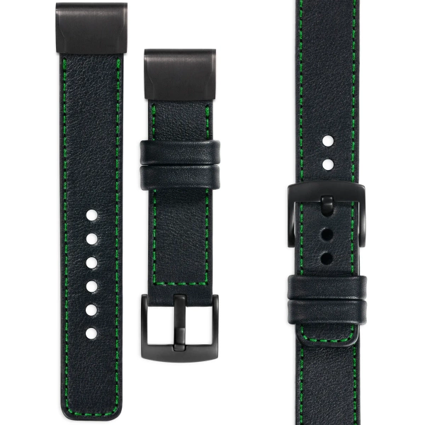 moVear Prestige C1 Skórzany pasek do Garmin QuickFit 22mm (Fenix / Forerunner / Epix / Instinct / Enduro / Quatix / MARQ - 47/45mm) | Czarny, zielone przeszycie [rozmiary XS-XXL i klamra do wyboru]