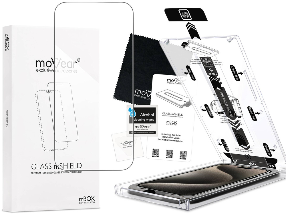 moVear mBOX GLASS mSHIELD 2.5D do Apple iPhone 16 / 15 / 15 Pro (6.1") (łatwy montaż)