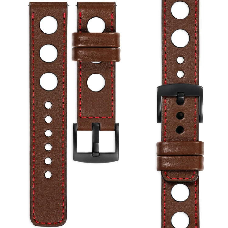 moVear Prestige R1 Skórzany pasek 22mm do Samsung Galaxy Watch 3 (45mm) / Watch (46mm) / Gear S3 | Ciemnobrązowy, czerwone przeszycie [rozmiary XS-XXL i klamra do wyboru]