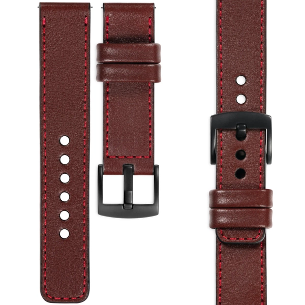 moVear Prestige C1 Skórzany pasek 22mm do zegarka | Kasztanowy, czerwone przeszycie [rozmiary XS-XXL i klamra do wyboru]