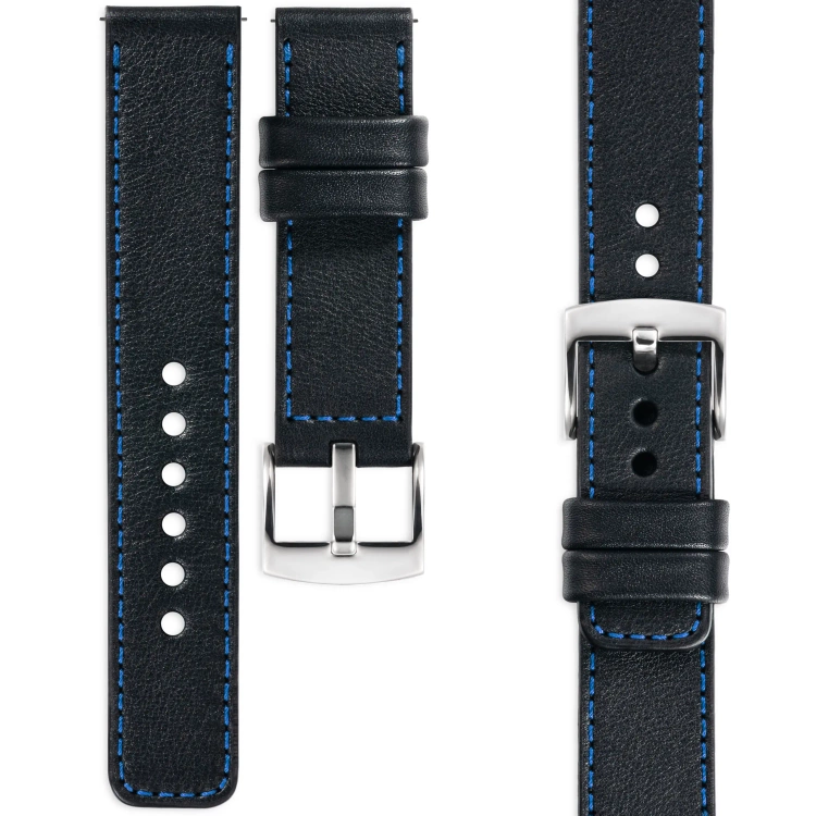 moVear Prestige C1 Skórzany pasek 24mm do zegarka | Czarny, niebieskie przeszycie [rozmiary XS-XXL i klamra do wyboru]