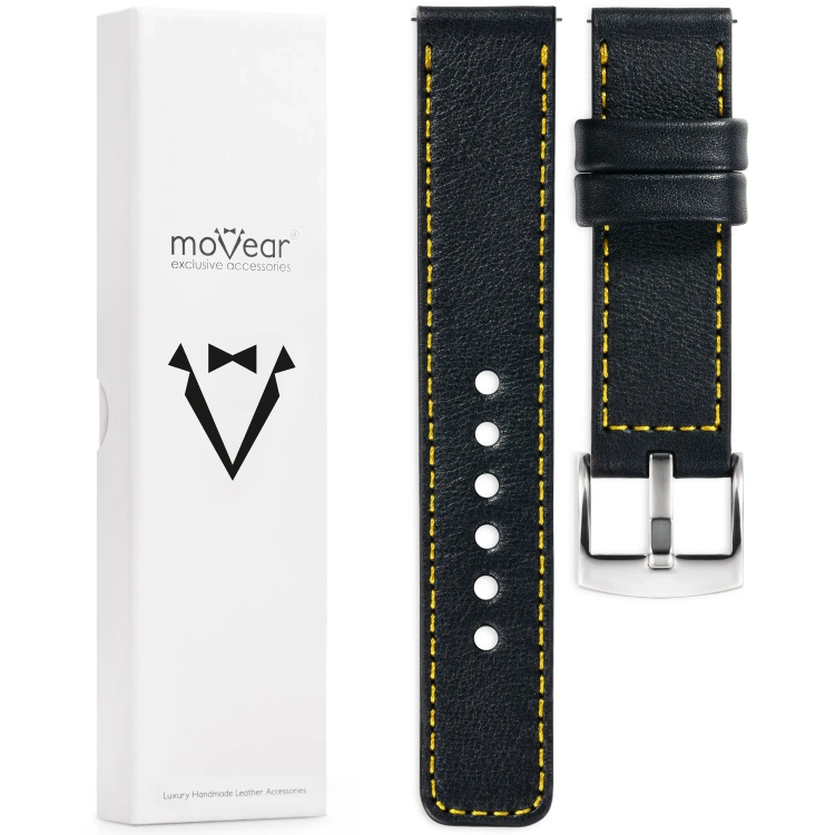 moVear Prestige C1 Skórzany pasek 18mm do zegarka | Czarny, żółte przeszycie [rozmiary XS-XXL i klamra do wyboru]