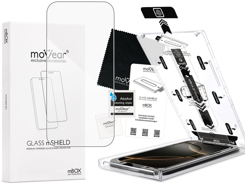 moVear mBOX GLASS mSHIELD 2.5D do Apple iPhone 17 Pro / 17 / 16 Pro (6.3") (łatwy montaż)