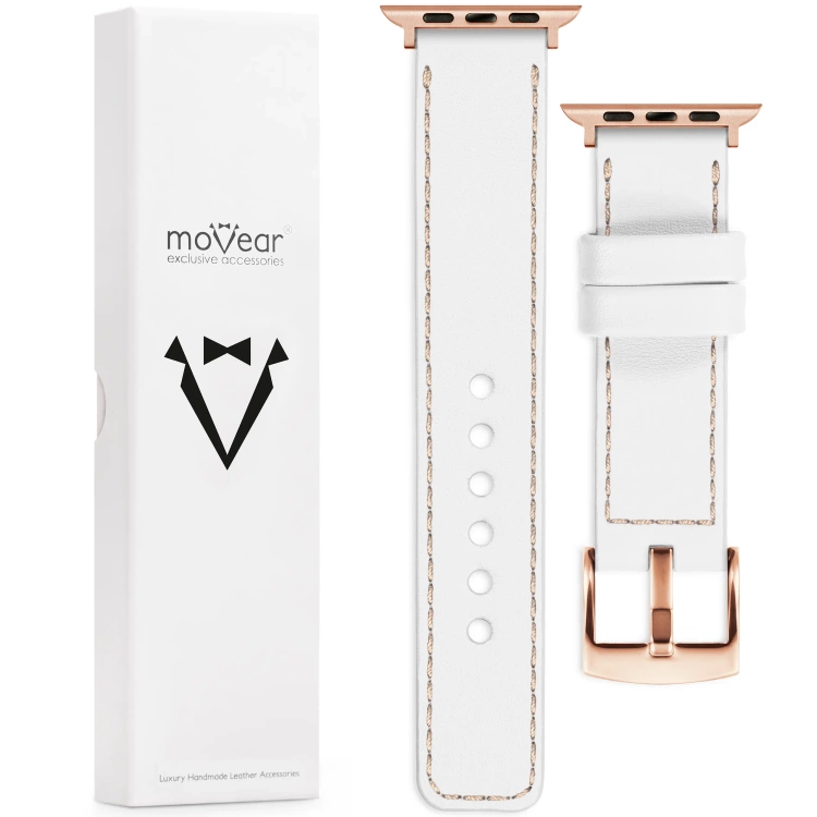 moVear Prestige C1 Skórzany pasek 20mm do Apple Watch 10 / 9 / 8 / 7 / 6 / 5 / 4 / SE (46/45/44mm) & Ultra (49mm) | Biały, różowe cieliste przeszycie [rozmiary XS-XXL i klamra do wyboru]