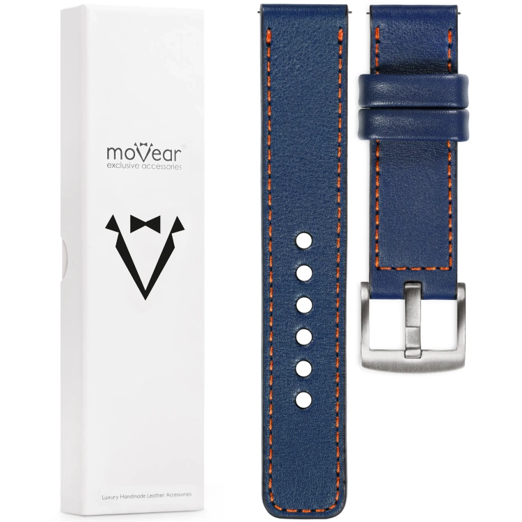 moVear Prestige C1 Skórzany pasek 22mm do zegarka | Granatowy, ciemnopomarańczowe przeszycie [rozmiary XS-XXL i klamra do wyboru]