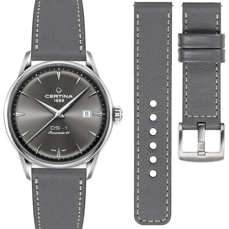 moVear Prestige C1 Skórzany pasek 20mm do Certina DS-1 C029.807.11.081.02 | Szary, srebrne przeszycie [rozmiary XS-XXL]