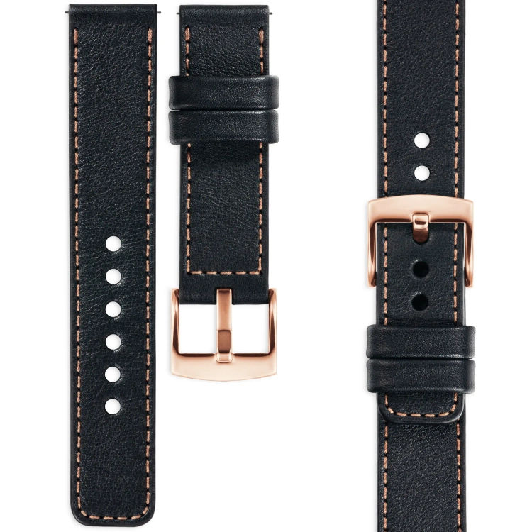 moVear Prestige C1 Skórzany pasek 21mm do zegarka | Czarny, różowe złoto przeszycie [rozmiary XS-XXL i klamra do wyboru]