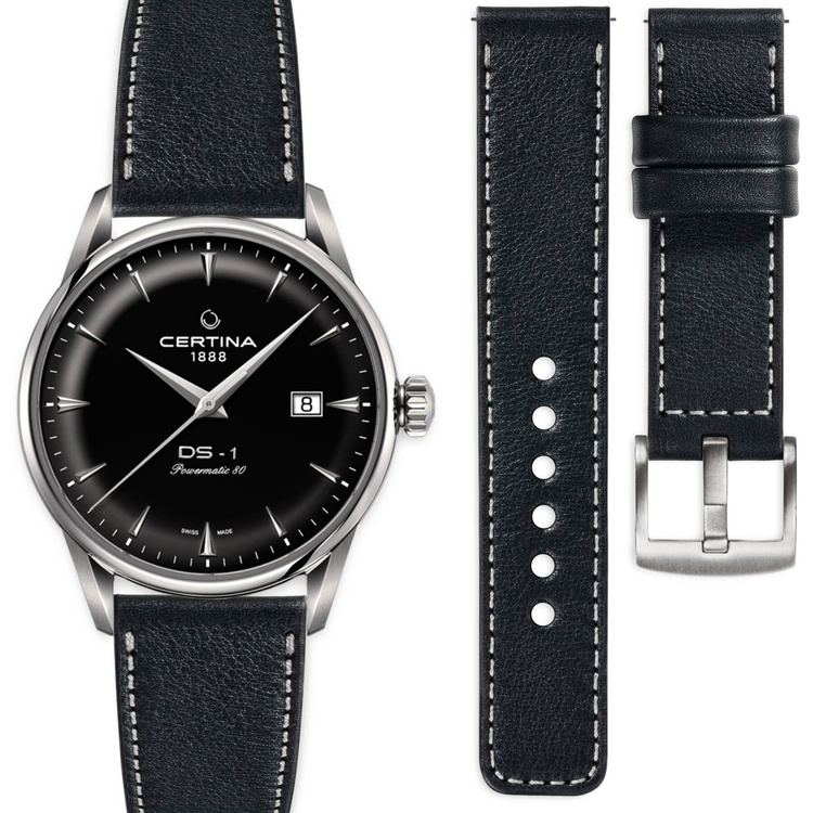 moVear Prestige C1 Skórzany pasek 20mm do Certina DS-1 C029.807.16.051.00 | Czarny, srebrne przeszycie [rozmiary XS-XXL]