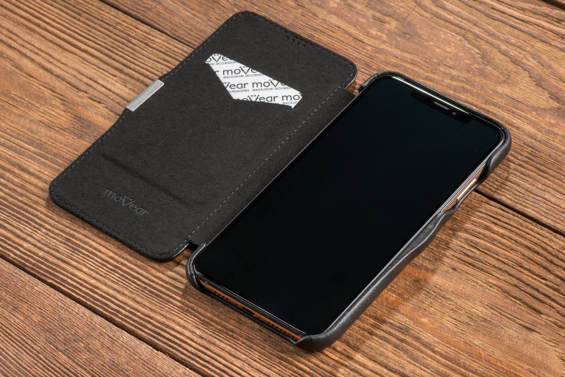 moVear flipSide C skórzane etui do Apple iPhone Xs MAX (6.5") | Skóra naturalna nappa (Czarna)