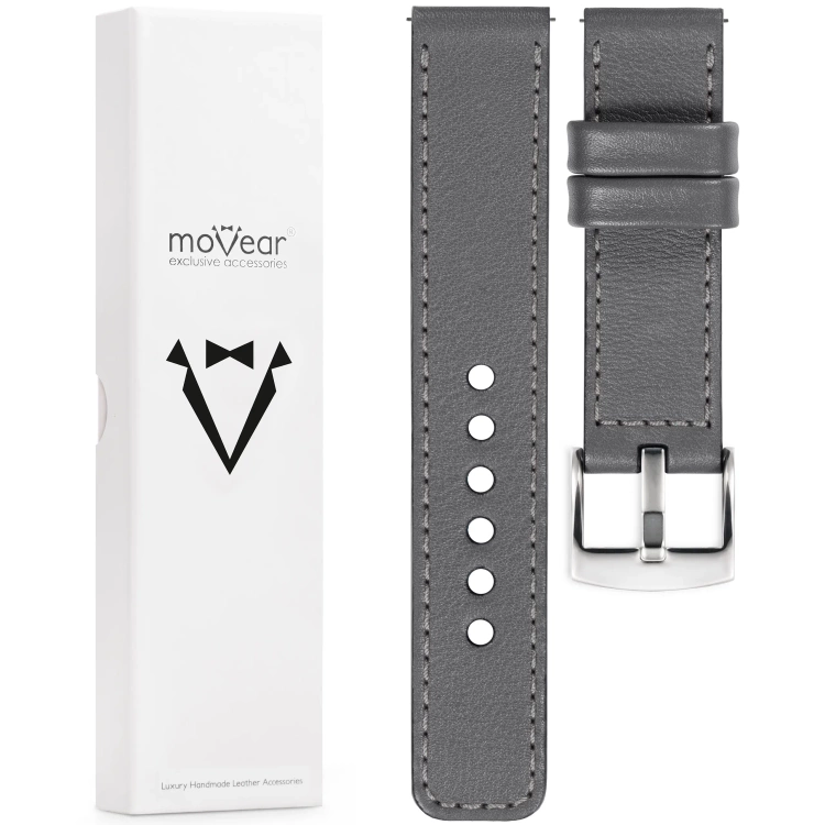 moVear Prestige C1 Skórzany pasek 24mm do zegarka | Szary, szare przeszycie [rozmiary XS-XXL i klamra do wyboru]