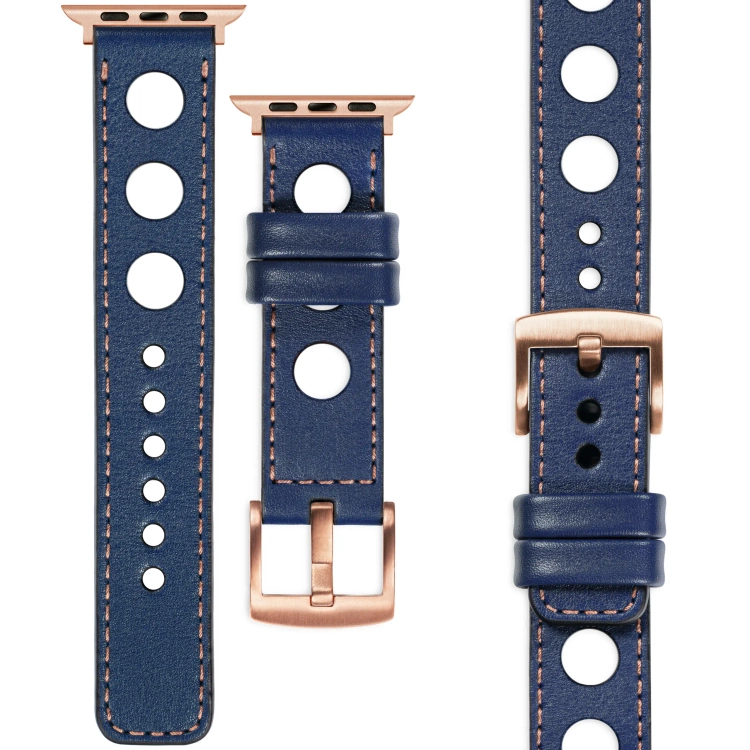 moVear Prestige R1 Skórzany pasek 22mm do Apple Watch 10 / 9 / 8 / 7 / 6 / 5 / 4 / SE (42/41/40mm) | Granatowy, różowe złoto przeszycie [rozmiary XS-XXL i klamra do wyboru]