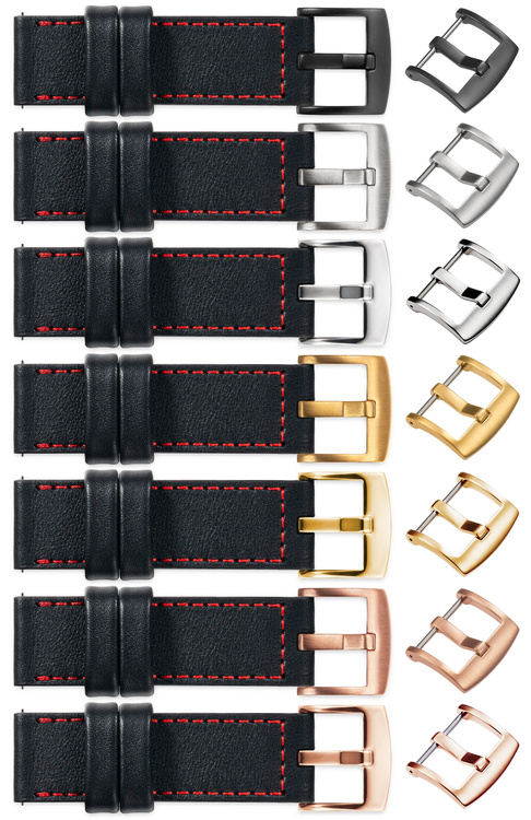 moVear Prestige CW1 Szeroki skórzany pasek 20mm do Samsung Galaxy Watch 7 / 6 / 5 / 4 / 3 & Pro / FE / Classic / Active | Czarny, czerwone przeszycie [rozmiary XS-XXL i klamra do wyboru]