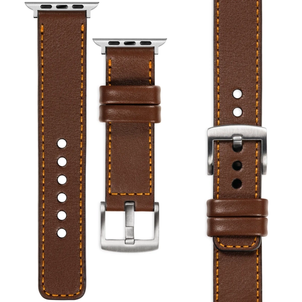 moVear Prestige C1 Skórzany pasek 22mm do Apple Watch 10 / 9 / 8 / 7 / 6 / 5 / 4 / SE (42/41/40mm) | Ciemnobrązowy, pomarańczowe przeszycie [rozmiary XS-XXL i klamra do wyboru]