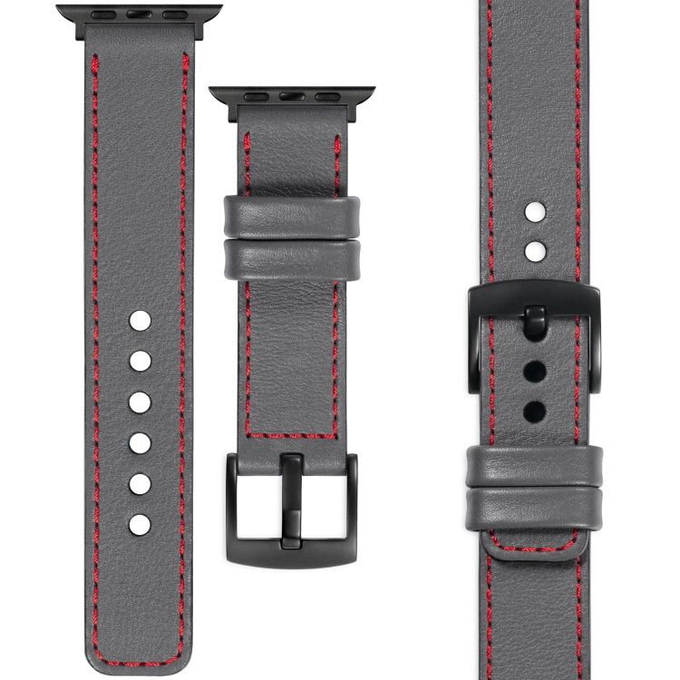 moVear Prestige C1 Skórzany pasek 22mm do Apple Watch 10 / 9 / 8 / 7 / 6 / 5 / 4 / SE (46/45/44mm) & Ultra (49mm) | Szary, czerwone przeszycie [rozmiary XS-XXL i klamra do wyboru]