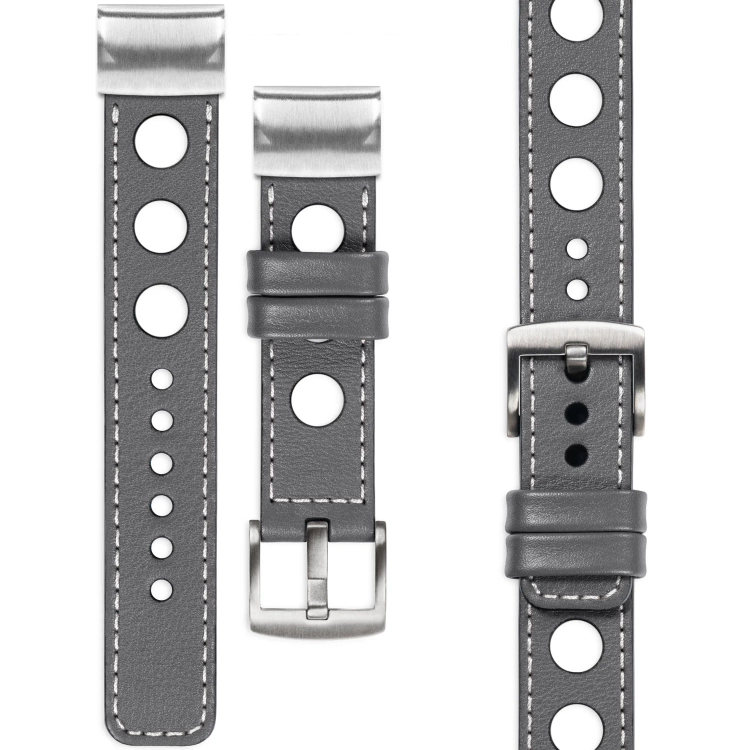 moVear Prestige R1 Skórzany pasek do Garmin QuickFit 22mm (Fenix / Forerunner / Epix / Instinct / Enduro / Quatix / MARQ - 47/45mm) | Szary, białe przeszycie [rozmiary XS-XXL i klamra do wyboru]