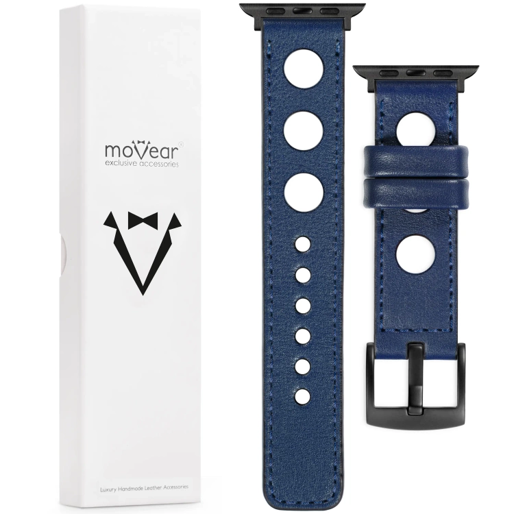 moVear Prestige R1 Skórzany pasek 22mm do Apple Watch 10 / 9 / 8 / 7 / 6 / 5 / 4 / SE (42/41/40mm) | Granatowy, granatowe przeszycie [rozmiary XS-XXL i klamra do wyboru]