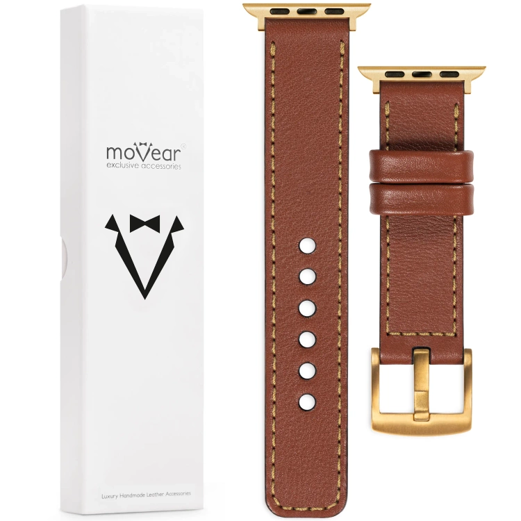 moVear Prestige C1 Skórzany pasek 22mm do Apple Watch 10 / 9 / 8 / 7 / 6 / 5 / 4 / SE (46/45/44mm) & Ultra (49mm) | Brązowy, złote przeszycie [rozmiary XS-XXL i klamra do wyboru]