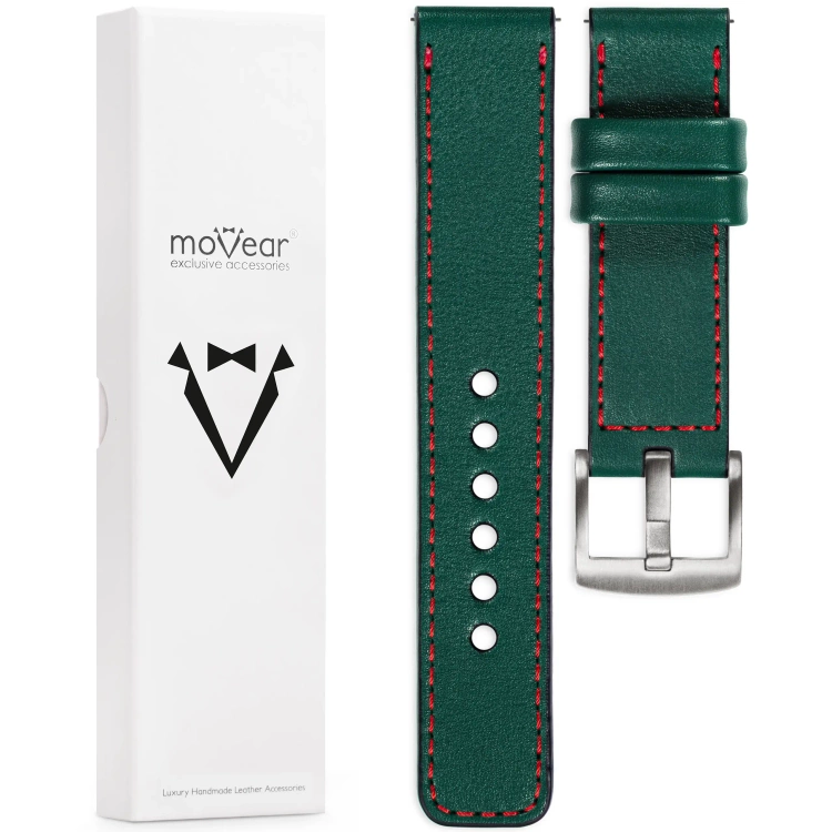 moVear Prestige C1 Skórzany pasek 20mm do Samsung Galaxy Watch 7 / 6 / 5 / 4 / 3 & Pro / FE / Classic / Active | Zielony butelkowy, czerwone przeszycie [rozmiary XS-XXL i klamra do wyboru]