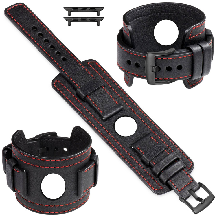 moVear Prestige CW1 Szeroki skórzany pasek 22mm do Apple Watch 10 / 9 / 8 / 7 / 6 / 5 / 4 / SE (46/45/44mm) & Ultra (49mm) | Czarny, czerwone przeszycie [rozmiary XS-XXL i klamra do wyboru]