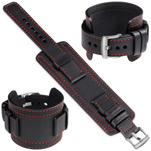 moVear Prestige CW1 Szeroki skórzany pasek 21mm do zegarka | Czarny, czerwone przeszycie [rozmiary XS-XXL i klamra do wyboru]