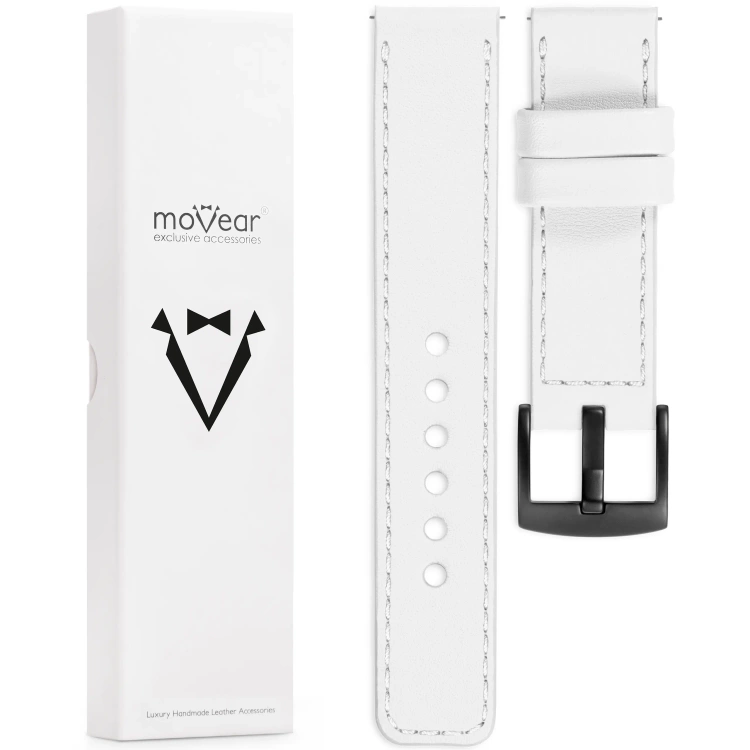 moVear Prestige C1 Skórzany pasek 20mm do zegarka | Biały, białe przeszycie [rozmiary XS-XXL i klamra do wyboru]