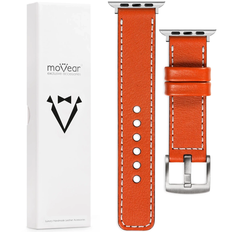moVear Prestige C1 Skórzany pasek 24mm do Apple Watch 10 / 9 / 8 / 7 / 6 / 5 / 4 / SE (46/45/44mm) & Ultra (49mm) | Pomarańczowy, białe przeszycie [rozmiary XS-XXL i klamra do wyboru]