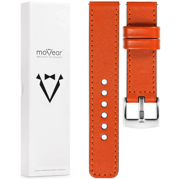 moVear Prestige C1 Skórzany pasek 22mm do zegarka | Pomarańczowy, ciemnopomarańczowe przeszycie [rozmiary XS-XXL i klamra do wyboru]