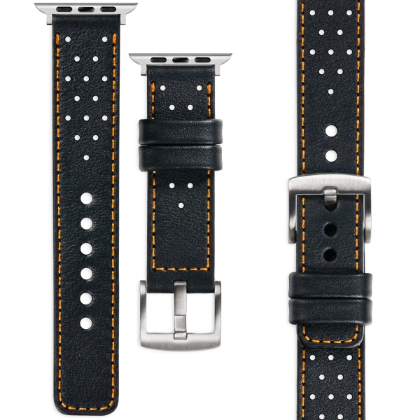 moVear Prestige R2 Skórzany pasek 24mm do Apple Watch 10 / 9 / 8 / 7 / 6 / 5 / 4 / SE (46/45/44mm) & Ultra (49mm) | Czarny, pomarańczowe przeszycie [rozmiary XS-XXL i klamra do wyboru]