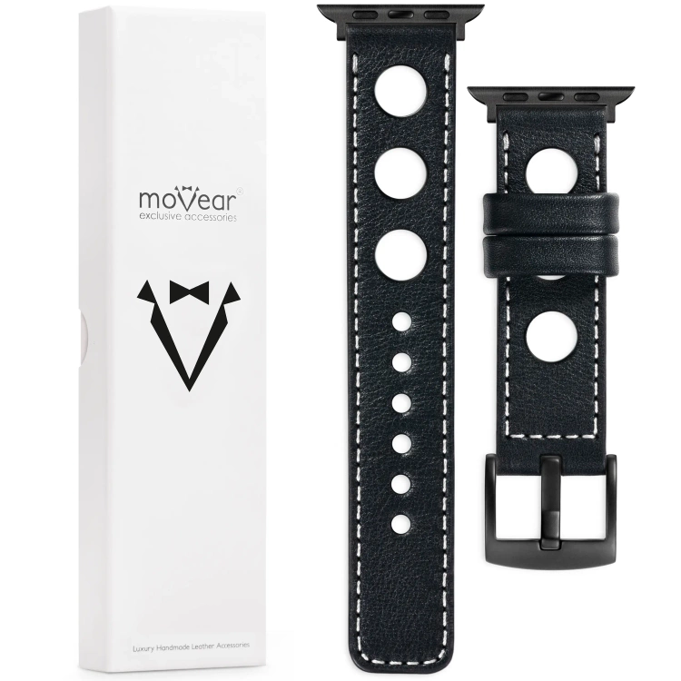 moVear Prestige R1 Skórzany pasek 22mm do Apple Watch 10 / 9 / 8 / 7 / 6 / 5 / 4 / SE (46/45/44mm) & Ultra (49mm) | Czarny, białe przeszycie [rozmiary XS-XXL i klamra do wyboru]