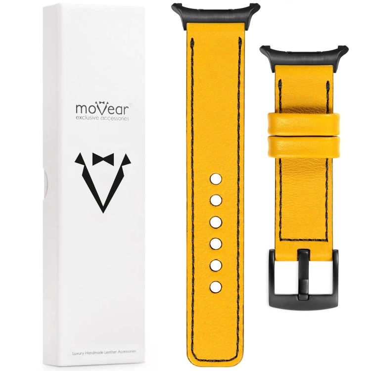 moVear Prestige C1 Skórzany pasek 22mm do Samsung Galaxy Watch Ultra | Żółty, czarne przeszycie [rozmiary XS-XXL i klamra do wyboru]