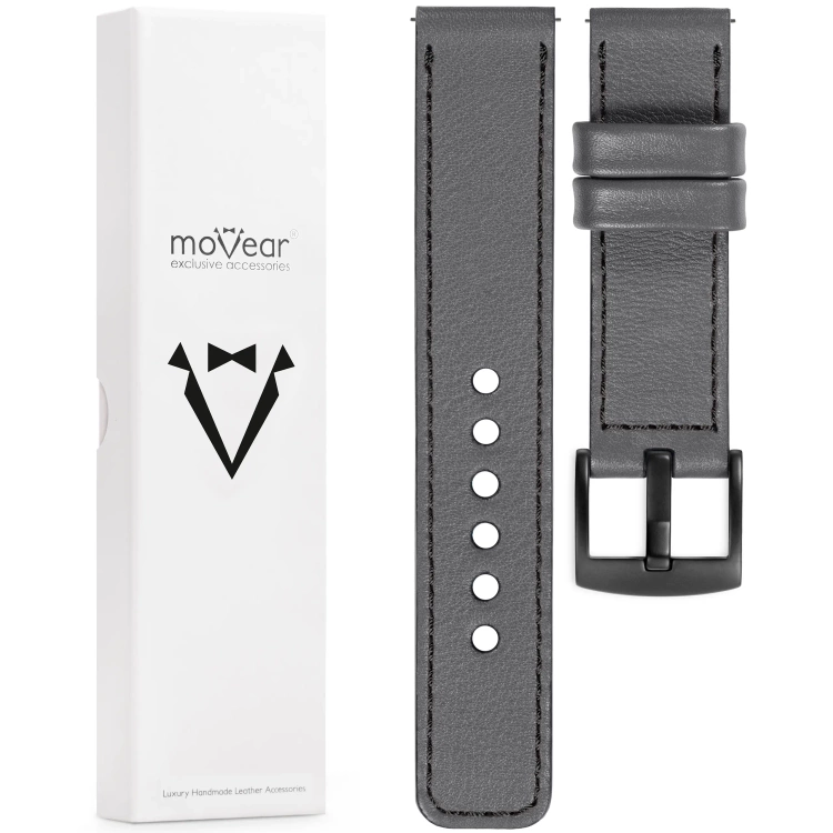 moVear Prestige C1 Skórzany pasek 20mm do zegarka | Szary, czarne przeszycie [rozmiary XS-XXL i klamra do wyboru]