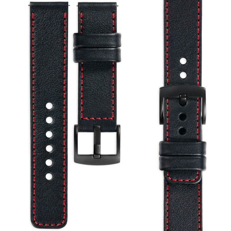 moVear Prestige C1 Skórzany pasek 22mm do zegarka | Czarny, czerwone przeszycie [rozmiary XS-XXL i klamra do wyboru]