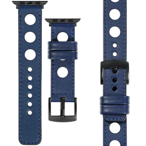 moVear Prestige R1 Skórzany pasek 22mm do Apple Watch 10 / 9 / 8 / 7 / 6 / 5 / 4 / SE (42/41/40mm) | Granatowy, granatowe przeszycie [rozmiary XS-XXL i klamra do wyboru]