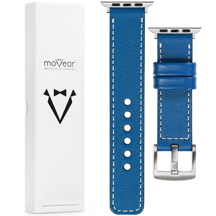 moVear Prestige C1 Skórzany pasek 24mm do Apple Watch 10 / 9 / 8 / 7 / 6 / 5 / 4 / SE (46/45/44mm) & Ultra (49mm) | Niebieski, białe przeszycie [rozmiary XS-XXL i klamra do wyboru]