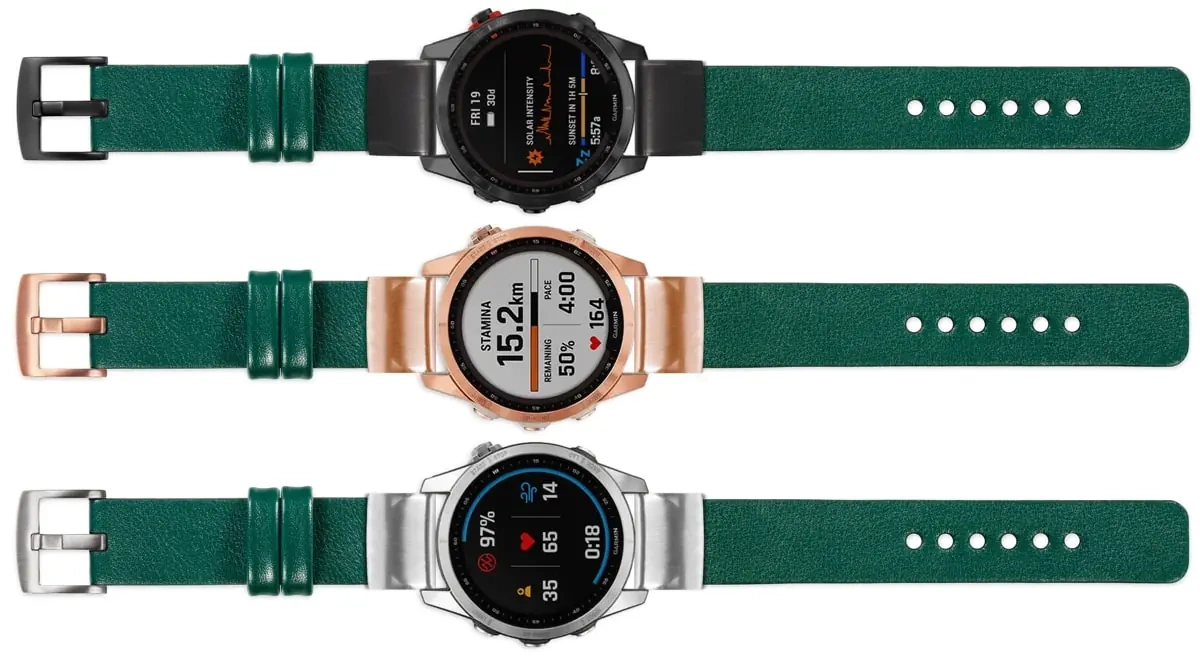 moVear Prestige S1 Skórzany pasek do Garmin QuickFit 20mm (Fenix / Instinct - 43/42/40mm) | Zielony butelkowy [rozmiary XS-XXL i klamra do wyboru]