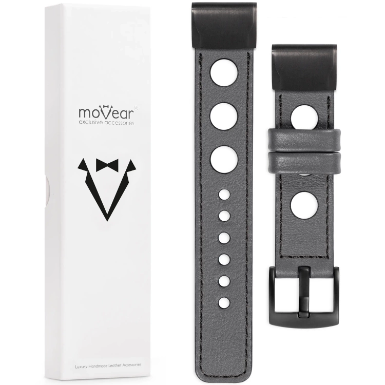 moVear Prestige R1 Skórzany pasek do Garmin QuickFit 26mm (Fenix / Epix / Quatix / Tactix / Enduro - 51mm) | Szary, czarne przeszycie [rozmiary XS-XXL i klamra do wyboru]