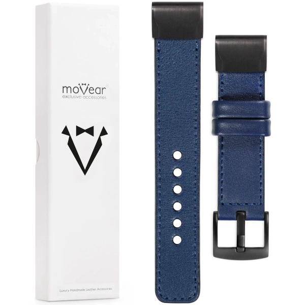 moVear Prestige C1 Skórzany pasek do Garmin QuickFit 20mm (Fenix / Instinct - 43/42/40mm) | Granatowy, granatowe przeszycie [rozmiary XS-XXL i klamra do wyboru]