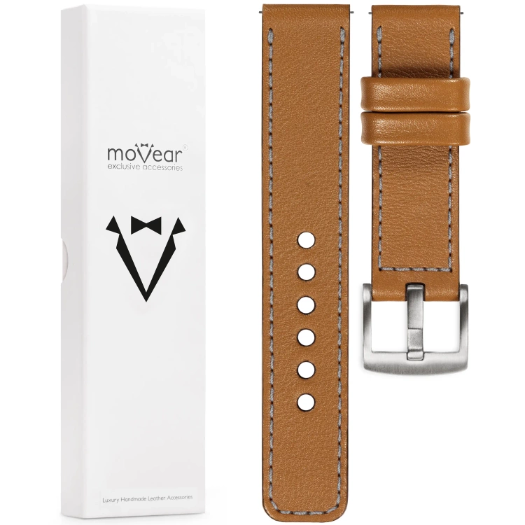 moVear Prestige C1 Skórzany pasek 20mm do zegarka | Jasnobrązowy, szare przeszycie [rozmiary XS-XXL i klamra do wyboru]