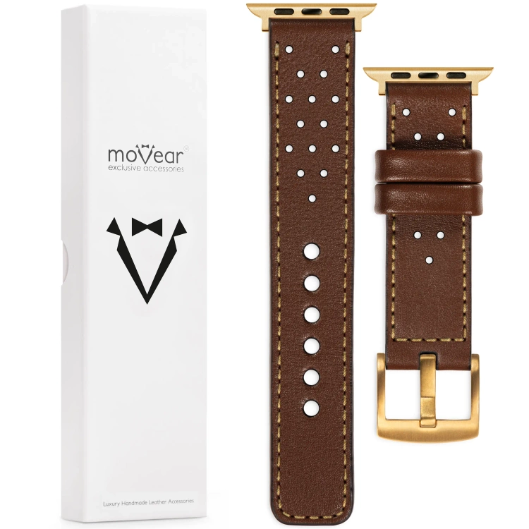 moVear Prestige R2 Skórzany pasek 22mm do Apple Watch 10 / 9 / 8 / 7 / 6 / 5 / 4 / SE (46/45/44mm) & Ultra (49mm) | Ciemnobrązowy, złote przeszycie [rozmiary XS-XXL i klamra do wyboru]