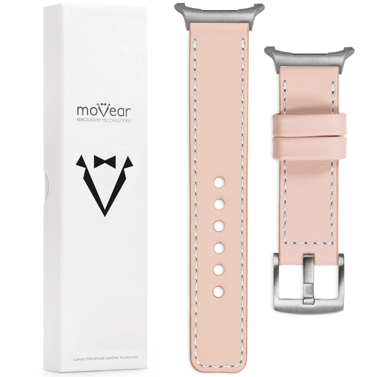 moVear Prestige C1 Skórzany pasek 24mm do Samsung Galaxy Watch Ultra | Różowy cielisty, białe przeszycie [rozmiary XS-XXL i klamra do wyboru]