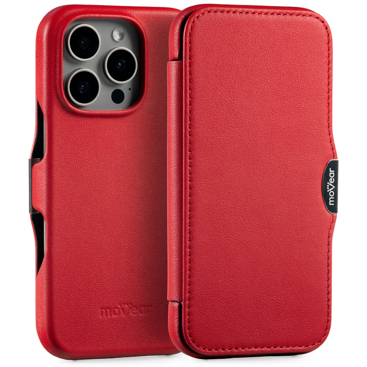 moVear flipSide 4C skórzane etui do Apple iPhone 16 Pro (6.3") | Skóra naturalna gładka (Czerwona)