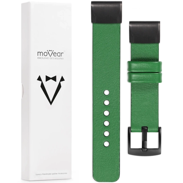 moVear Prestige S1 Skórzany pasek do Garmin QuickFit 20mm (Fenix / Instinct - 43/42/40mm) | Zielony [rozmiary XS-XXL i klamra do wyboru]