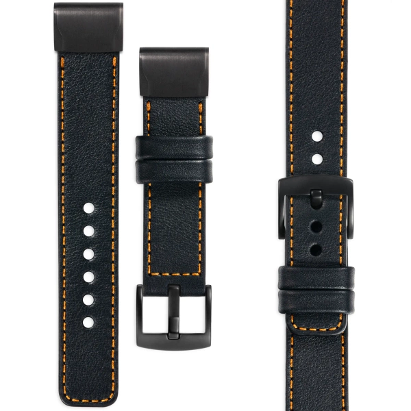 moVear Prestige C1 Skórzany pasek do Garmin QuickFit 22mm (Fenix / Forerunner / Epix / Instinct / Enduro / Quatix / MARQ - 47/45mm) | Czarny, pomarańczowe przeszycie [rozmiary XS-XXL i klamra do wyboru]