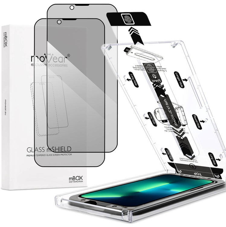 2 szt. | moVear mBOX GLASS mSHIELD 2.5D MAX privacy do Apple iPhone 16e / 14 / 13 / 13 Pro (6.1") (Anty spy, z Aplikatorem)