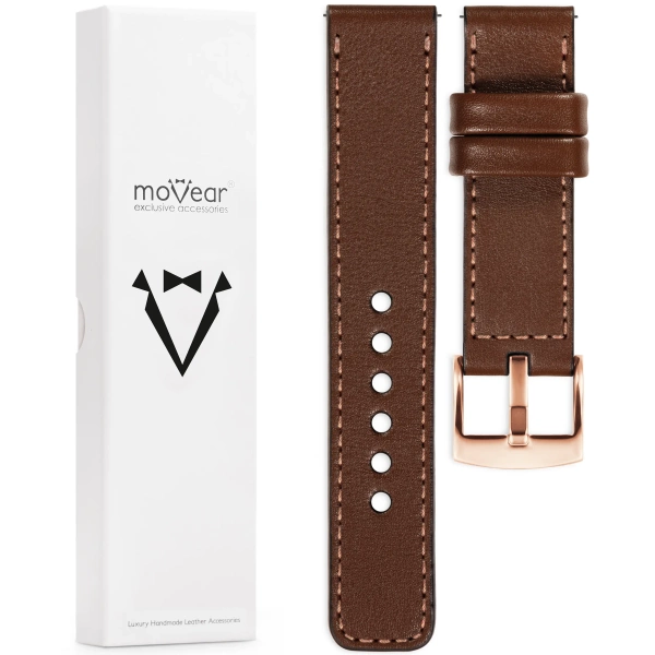 moVear Prestige C1 Skórzany pasek 18mm do zegarka | Ciemnobrązowy, różowe złoto przeszycie [rozmiary XS-XXL i klamra do wyboru]