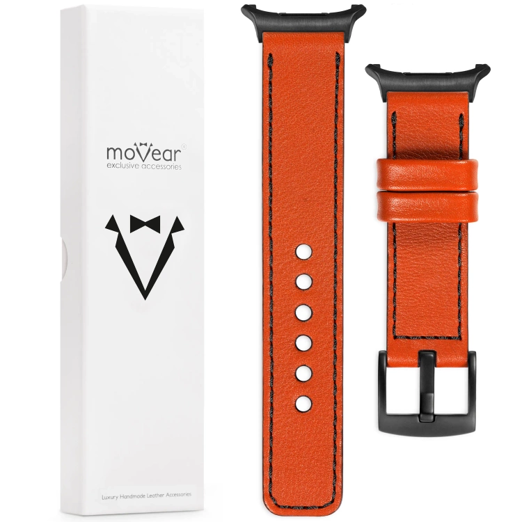 moVear Prestige C1 Skórzany pasek 22mm do Samsung Galaxy Watch Ultra | Pomarańczowy, czarne przeszycie [rozmiary XS-XXL i klamra do wyboru]