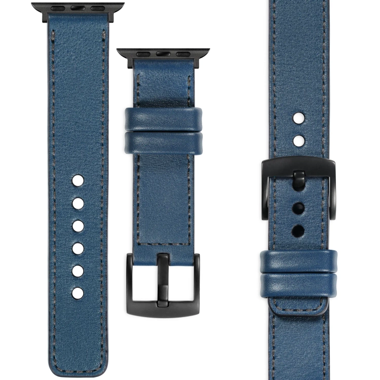 moVear Prestige C1 Skórzany pasek 22mm do Apple Watch 10 / 9 / 8 / 7 / 6 / 5 / 4 / SE (46/45/44mm) & Ultra (49mm) | Niebieski jeans, grafitowe przeszycie [rozmiary XS-XXL i klamra do wyboru]